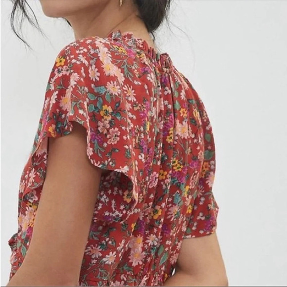 ANTHROPOLOGIE Red Robin Floral Ruffles Spliced Neck Tiered Mini Dress Size XXS - Picture 6 of 12